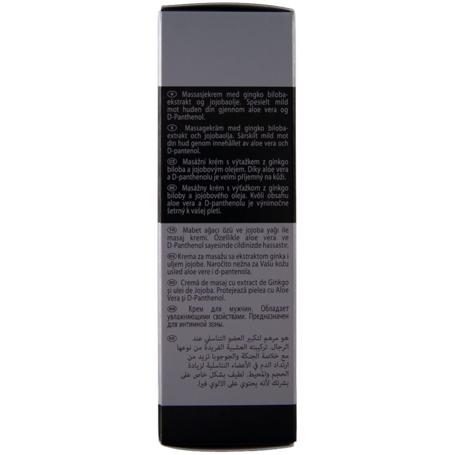 HOT XXL Cream for Men – schmale Informationsseite der silbergrauen Originalverpackung mit mehreren Zeilen schwarzer Produktbeschriftung in aufrechter Ansicht – erhältlich bei Evoria Care