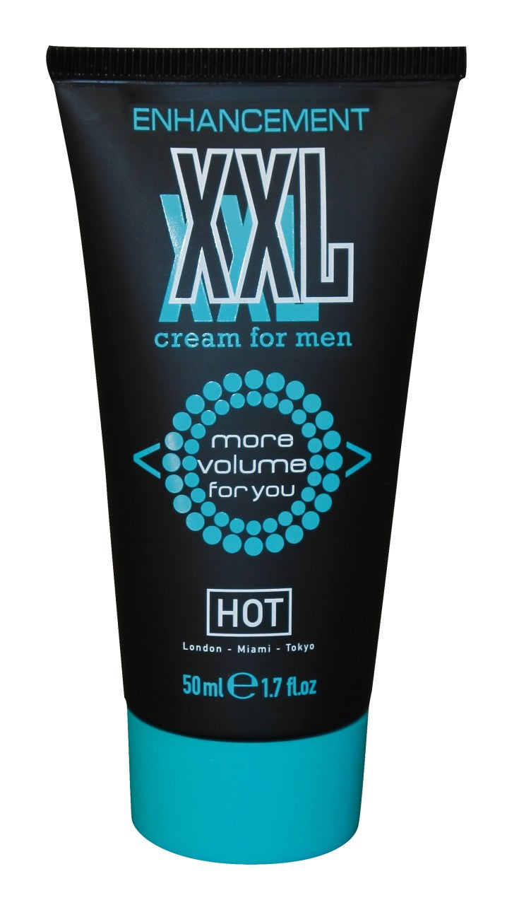HOT XXL Volume Cream – schwarze Tube der Penis-Massagecreme mit Lipofilling-Konzept, großem türkisfarbenem XXL Schriftzug, kreisförmigem Grafikmotiv und türkisfarbenem Verschluss in aufrechter Vorderansicht auf weißem Hintergrund – erhältlich bei Evoria Care