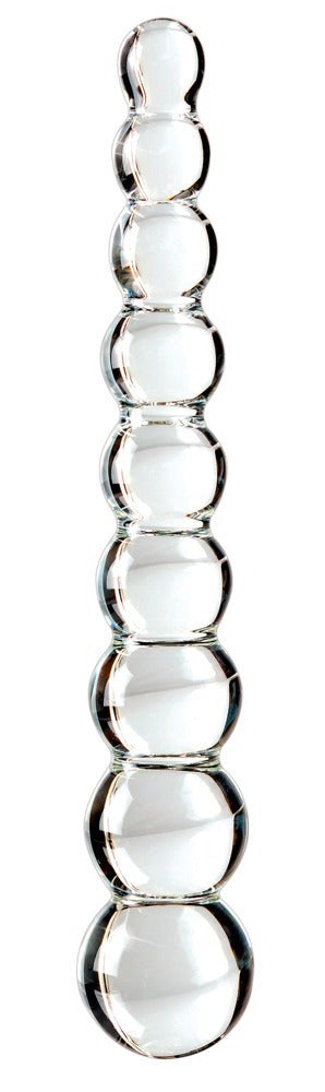 Icicles No. 2 Premium-Glasdildo aus transparentem Glas mit neun aufeinanderfolgenden Reizkugeln unterschiedlicher Größe und glatter Oberfläche in aufrechter Frontansicht – erhältlich bei Evoria Care