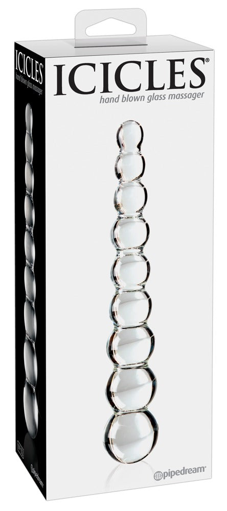 Icicles No. 2 Premium-Glasdildo aus transparentem Glas mit neun aufeinanderfolgenden Reizkugeln, dargestellt in der weißen Originalverpackung mit Icicles Markenlogo – erhältlich bei Evoria Care