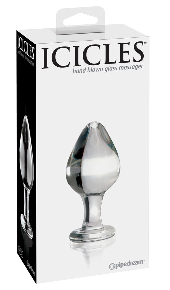 Icicles No. 25 Premium-Glasplug mit tropfenförmigem Kopf und rundem Standfuß, dargestellt in der weißen Originalverpackung mit Icicles Markenlogo – erhältlich bei Evoria Care