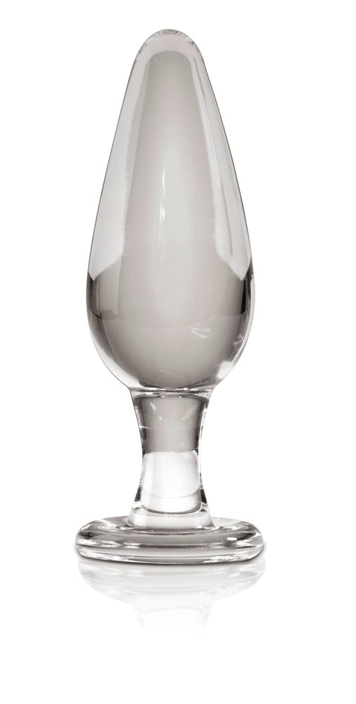 Icicles No. 26 handgefertigter Glas-Analplug aus transparentem Glas mit länglichem tropfenförmigem Kopf, schmalem Hals und rundem Standfuß in aufrechter Frontansicht – erhältlich bei Evoria Care