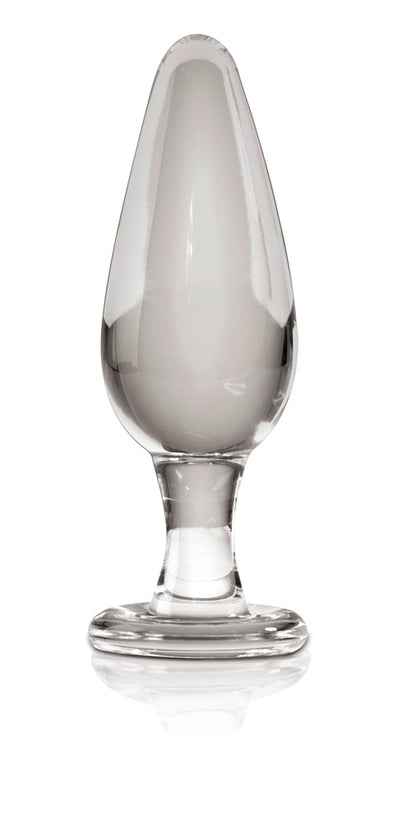 Icicles No. 26 handgefertigter Glas-Analplug aus transparentem Glas mit länglichem tropfenförmigem Kopf, schmalem Hals und rundem Standfuß in aufrechter Frontansicht – erhältlich bei Evoria Care