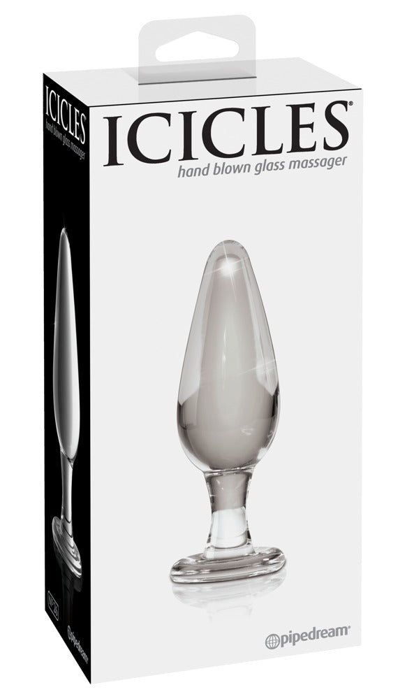 Icicles No. 26 handgefertigter Glas-Analplug mit länglichem tropfenförmigem Kopf und rundem Standfuß, dargestellt in der weißen Originalverpackung mit Icicles Markenlogo – erhältlich bei Evoria Care