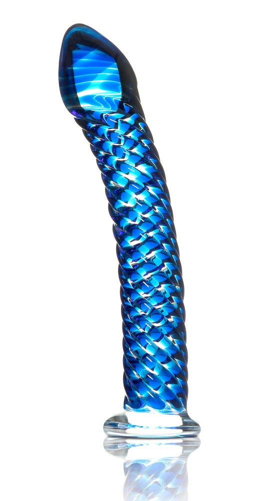 Icicles No. 29 handgefertigter Premium-Glasdildo in Blau mit strukturierter Glasoberfläche, gebogener Spitze und transparentem Standfuß in aufrechter Produktansicht – erhältlich bei Evoria Care