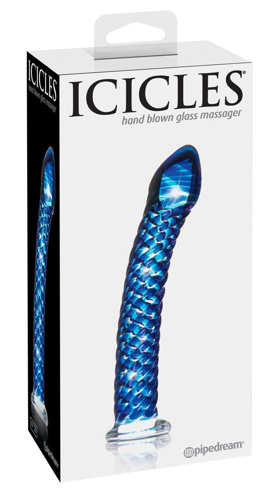Icicles No. 29 Premium-Glasdildo in Blau mit gebogener Spitze, dargestellt in der schwarzen Originalverpackung mit Icicles Markenlogo – erhältlich bei Evoria Care