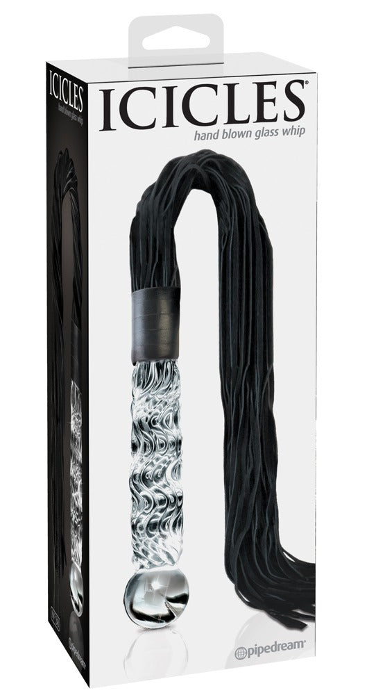 Icicles No. 38 Premium-Glasdildo aus transparentem Glas mit schwarzem Leder-Flogger, dargestellt in der weißen Originalverpackung mit Icicles Markenlogo – erhältlich bei Evoria Care