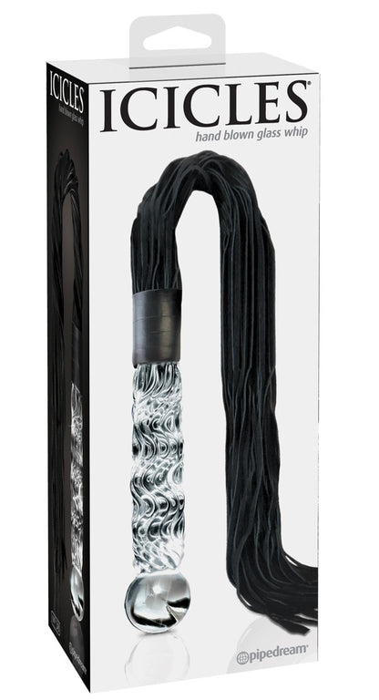 Icicles No. 38 Premium-Glasdildo aus transparentem Glas mit schwarzem Leder-Flogger, dargestellt in der weißen Originalverpackung mit Icicles Markenlogo – erhältlich bei Evoria Care