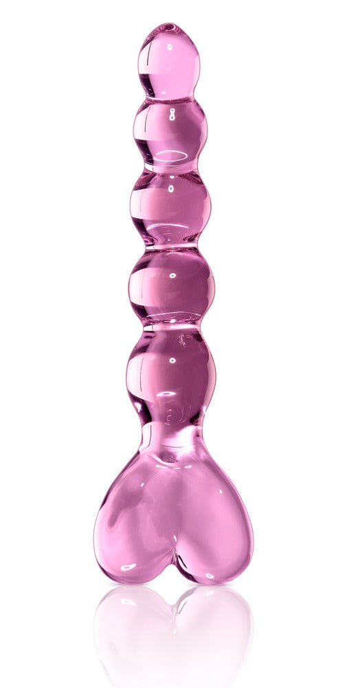 Icicles No. 43 handgefertigter Premium-Glasdildo in transparentem Pink mit mehreren kugelförmigen Verdickungen und dekorativ geformtem Standfuß in aufrechter Produktansicht – erhältlich bei Evoria Care
