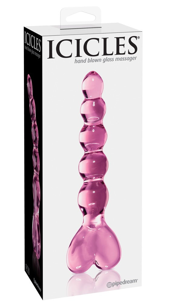 Icicles No. 43 Premium-Glasdildo in transparentem Pink mit kugelförmiger Struktur, dargestellt in der schwarzen Originalverpackung mit Icicles Markenlogo – erhältlich bei Evoria Care
