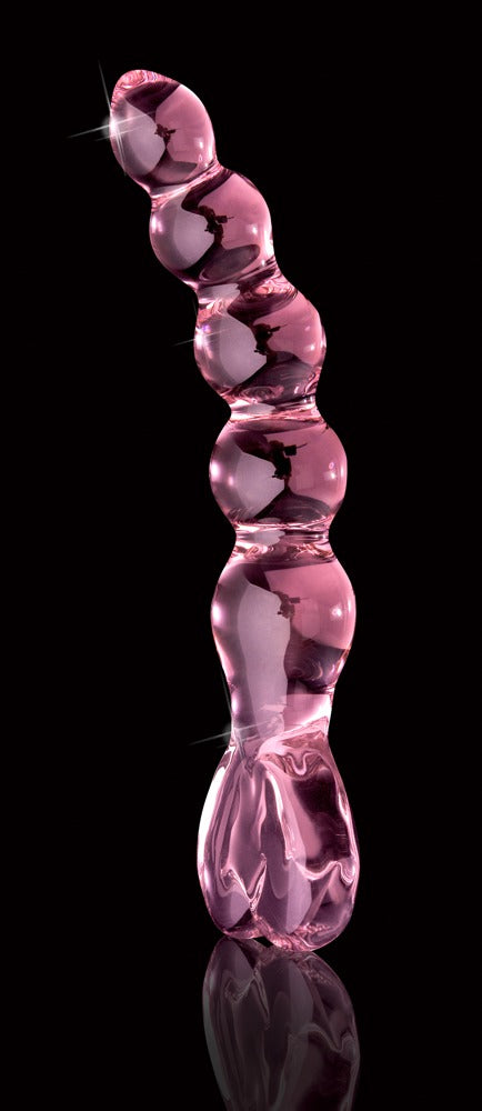 Icicles No. 43 Premium-Glasdildo in Pink mit ausgeprägter Kugelstruktur und glatter Glasoberfläche in vertikaler Seitenansicht vor schwarzem Hintergrund – erhältlich bei Evoria Care