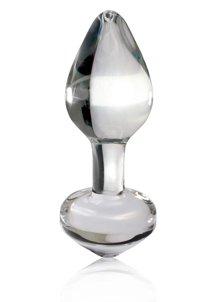 Icicles No. 44 Premium-Glasplug aus transparentem Glas mit tropfenförmigem Kopf, schmalem Hals und abgerundetem kugelförmigem Standfuß in aufrechter Frontansicht – erhältlich bei Evoria Care