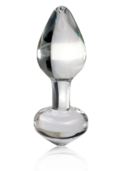 Icicles No. 44 Premium-Glasplug aus transparentem Glas mit tropfenförmigem Kopf, schmalem Hals und abgerundetem kugelförmigem Standfuß in aufrechter Frontansicht – erhältlich bei Evoria Care