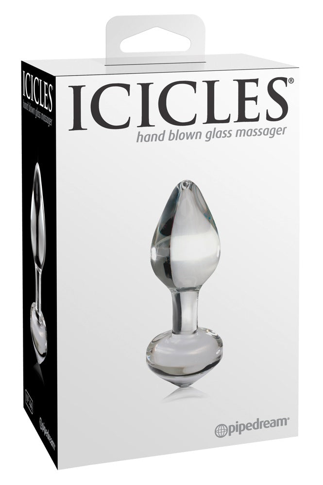 Icicles No. 44 Premium-Glasplug aus transparentem Glas mit tropfenförmigem Kopf und kugelförmigem Standfuß, dargestellt in der weißen Originalverpackung mit Icicles Markenlogo – erhältlich bei Evoria Care
