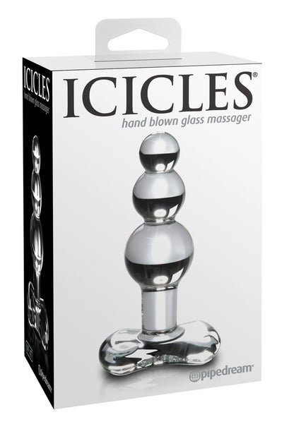 Icicles No. 47 Premium-Glasplug aus transparentem Glas mit drei übereinanderliegenden Kugeln und breitem Standfuß, dargestellt in der weißen Originalverpackung mit Icicles Markenlogo – erhältlich bei Evoria Care