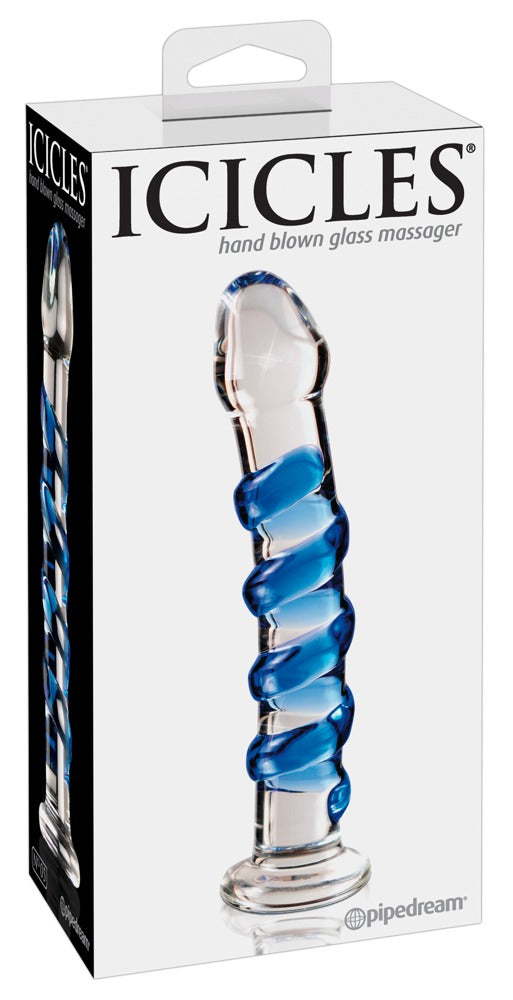 Icicles No. 5 Premium-Glasdildo in Transparent mit blauer Spiralstruktur und rundem Standfuß, dargestellt in der weißen Originalverpackung mit Icicles Markenlogo – erhältlich bei Evoria Care