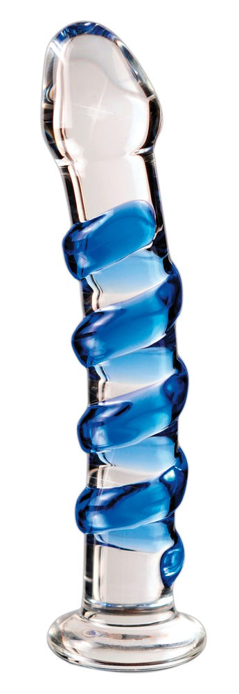 Icicles No. 5 Premium-Glasdildo aus transparentem Glas mit ausgeprägter blauer Reizspirale, anatomisch geformter Spitze und rundem Standfuß in aufrechter Frontansicht – erhältlich bei Evoria Care
