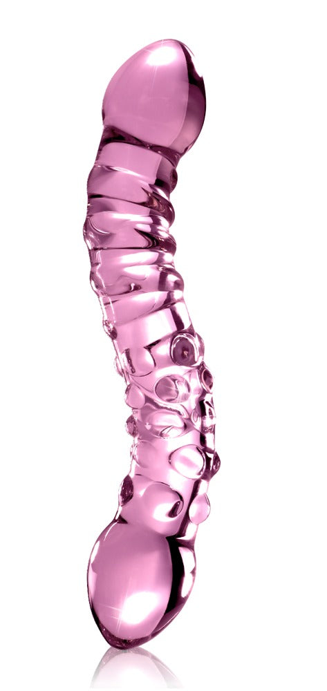 Icicles No. 55 doppelseitiger Premium-Glasdildo in transparentem Pink mit geschwungenem Schaft, strukturierter Oberfläche und zwei abgerundeten Enden in aufrechter Produktansicht – erhältlich bei Evoria Care