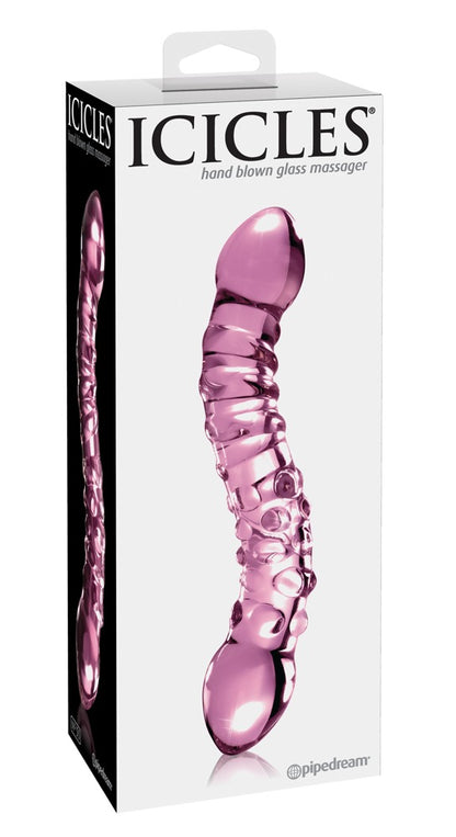 Icicles No. 55 doppelseitiger Premium-Glasdildo in transparentem Pink mit gebogenem, strukturiertem Schaft, dargestellt in der schwarzen Originalverpackung mit Icicles Markenlogo – erhältlich bei Evoria Care