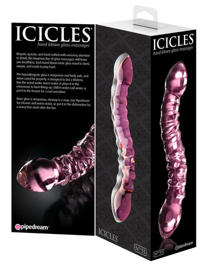 Icicles No. 55 doppelseitiger Premium-Glasdildo in Pink mit geschwungener Form und strukturierter Oberfläche, dargestellt auf der schwarzen Icicles Produktverpackung mit mehreren Produktansichten – erhältlich bei Evoria Care