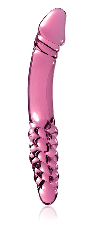 Icicles No. 57 Premium-Glasdildo in transparentem Pink mit gebogenem Schaft, anatomisch geformter Spitze und zwei unterschiedlich strukturierten Reizseiten in aufrechter Produktansicht – erhältlich bei Evoria Care