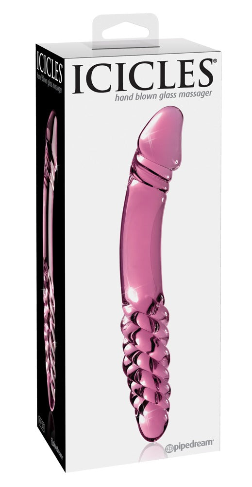 Icicles No. 57 Premium-Glasdildo in Pink mit gebogenem Schaft, glatter Spitze und strukturierter Oberfläche, dargestellt in der weißen Originalverpackung mit Icicles Markenlogo – erhältlich bei Evoria Care