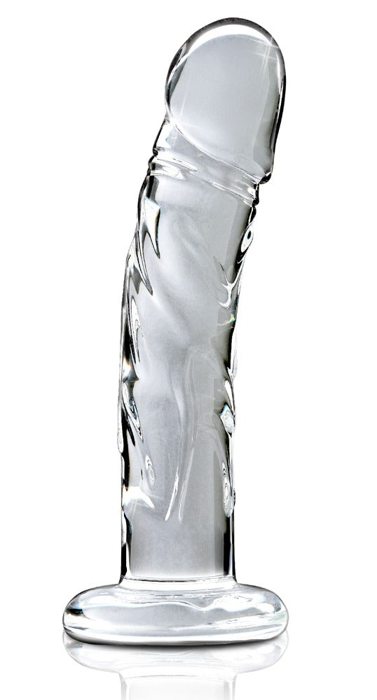 Icicles No. 62 realistischer Premium-Glasdildo aus transparentem Glas mit anatomisch geformter Eichel, strukturierter Oberfläche, leicht gebogenem Schaft und rundem Standfuß – erhältlich bei Evoria Care