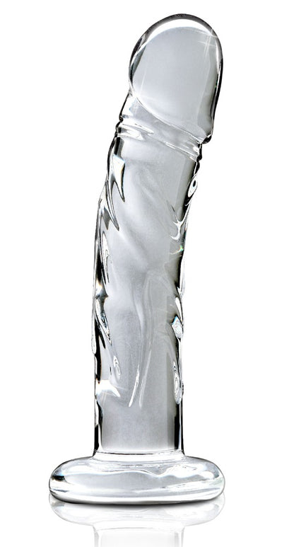 Icicles No. 62 realistischer Premium-Glasdildo aus transparentem Glas mit anatomisch geformter Eichel, strukturierter Oberfläche, leicht gebogenem Schaft und rundem Standfuß – erhältlich bei Evoria Care