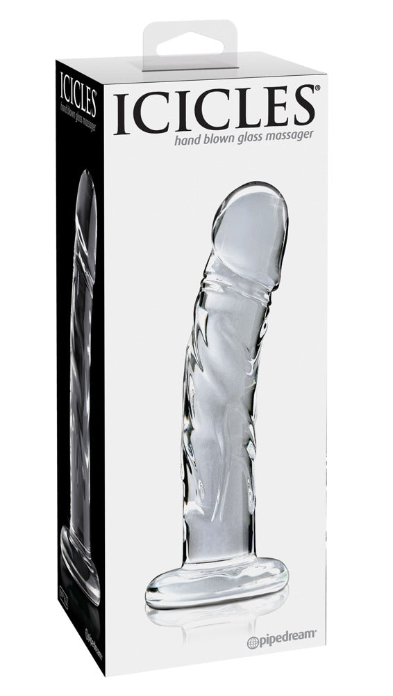 Icicles No. 62 realistischer Premium-Glasdildo aus transparentem Glas mit strukturierter Oberfläche und rundem Standfuß, dargestellt in der weißen Originalverpackung mit Icicles Markenlogo – erhältlich bei Evoria Care