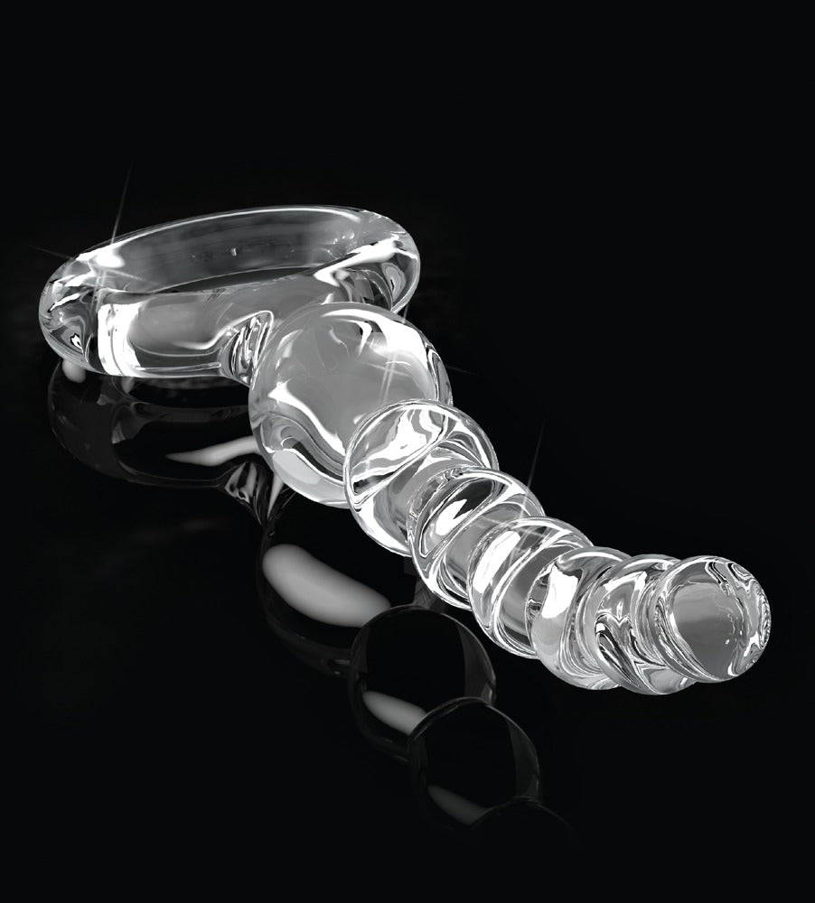 Icicles No. 67 Premium-Glas-Analkugelkette mit spiralförmig strukturiertem Glasschaft und rundem Rückholring in diagonaler Detailansicht vor schwarzem Hintergrund – erhältlich bei Evoria Care
