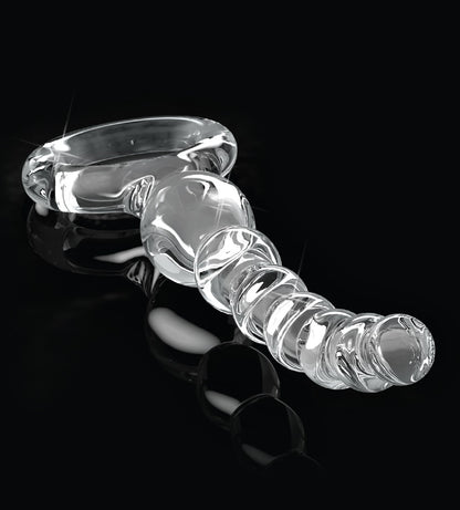 Icicles No. 67 Premium-Glas-Analkugelkette mit spiralförmig strukturiertem Glasschaft und rundem Rückholring in diagonaler Detailansicht vor schwarzem Hintergrund – erhältlich bei Evoria Care