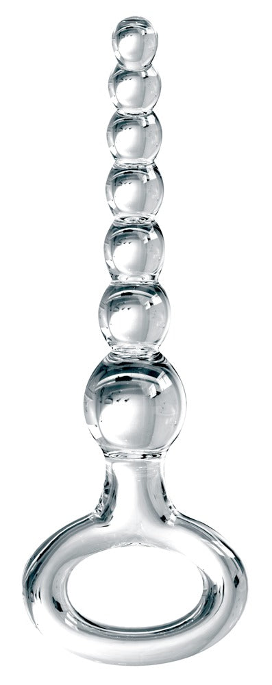 Icicles No. 67 Premium-Glas-Analkugelkette in Transparent mit spiralförmiger Kugelstruktur, glatter Glasoberfläche und großem Rückholring in aufrechter Frontansicht – erhältlich bei Evoria Care