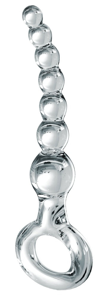 Icicles No. 67 transparente Glas-Analkugelkette mit mehreren aufeinanderfolgenden Kugelverdickungen und rundem Rückholring in aufrechter Gesamtansicht – erhältlich bei Evoria Care