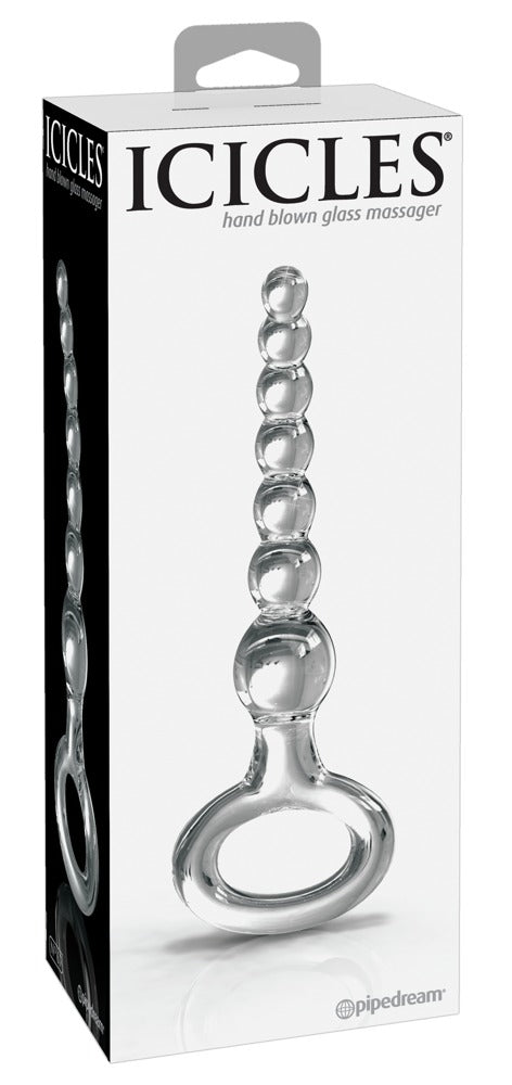 Icicles No. 67 Premium-Glas-Analkugelkette in Transparent mit spiralförmiger Kugelstruktur und rundem Rückholring, dargestellt in der weißen Originalverpackung mit Icicles Markenlogo – erhältlich bei Evoria Care