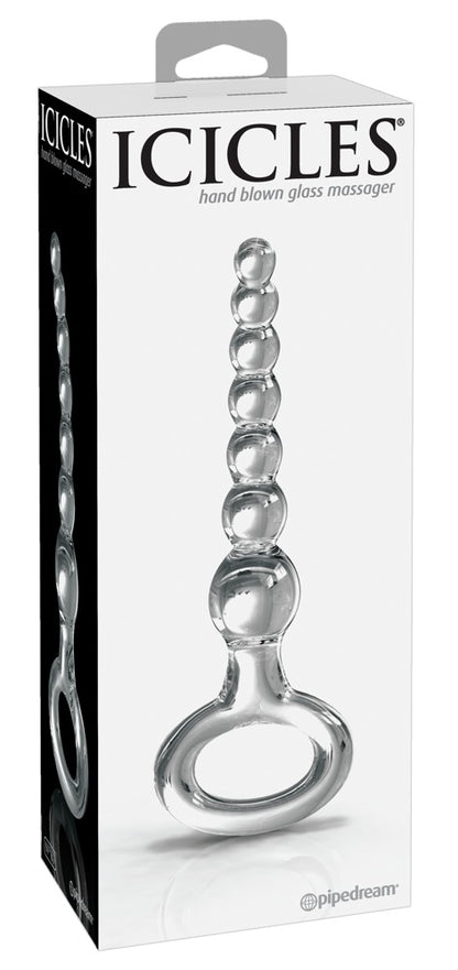 Icicles No. 67 Premium-Glas-Analkugelkette in Transparent mit spiralförmiger Kugelstruktur und rundem Rückholring, dargestellt in der weißen Originalverpackung mit Icicles Markenlogo – erhältlich bei Evoria Care
