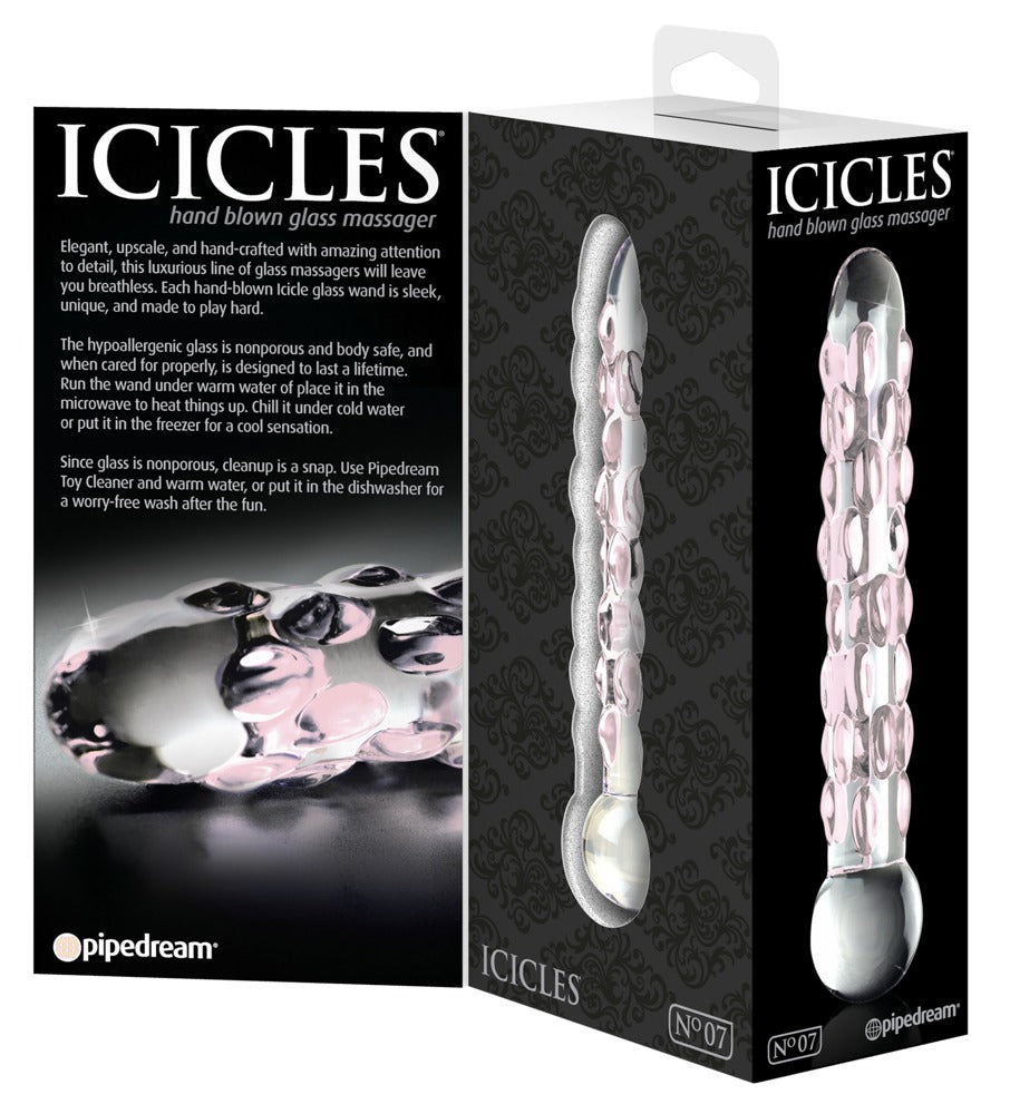 Icicles No. 7 Premium-Glasdildo mit transparentem Glaskörper und rosafarbenen Reiznoppen, dargestellt auf der schwarzen Icicles Produktverpackung mit mehreren Produktansichten – erhältlich bei Evoria Care