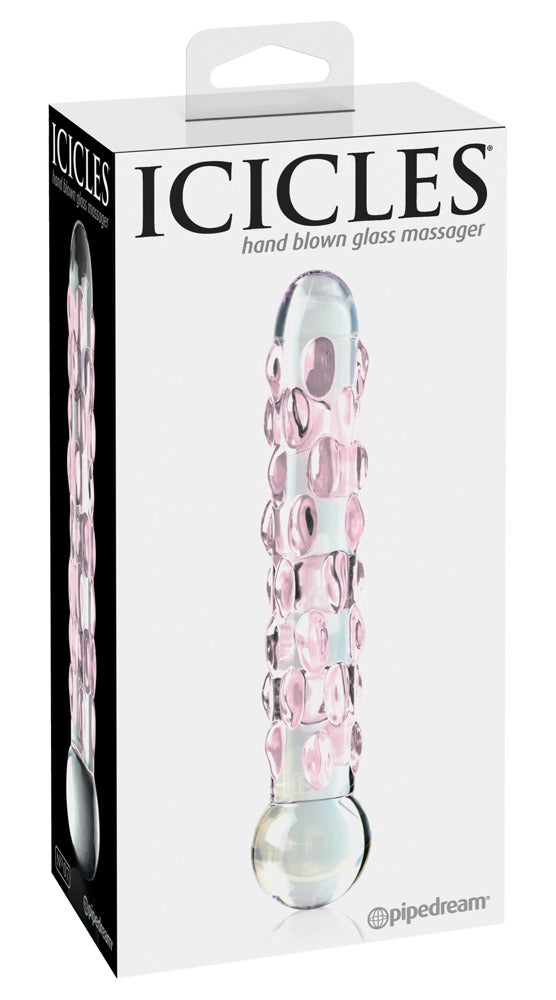 Icicles No. 7 Premium-Glasdildo in Transparent mit rosafarbenen Reiznoppen und abgerundeter Spitze, dargestellt in der weißen Originalverpackung mit Icicles Markenlogo – erhältlich bei Evoria Care