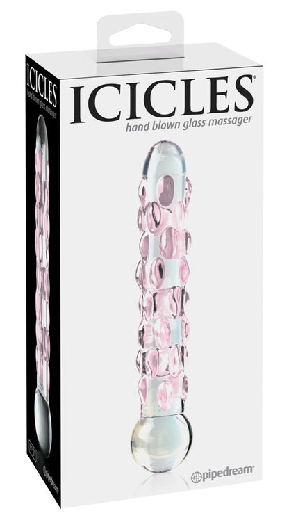 Icicles No. 7 Premium-Glasdildo in Transparent mit rosafarbenen Reiznoppen und abgerundeter Spitze, dargestellt in der weißen Originalverpackung mit Icicles Markenlogo – erhältlich bei Evoria Care