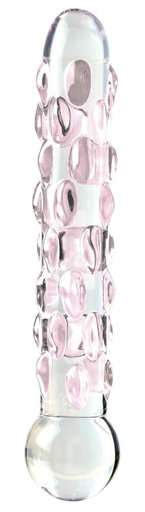Icicles No. 7 Premium-Glasdildo aus transparentem Glas mit rosafarbenen Reiznoppen, abgerundeter Spitze und kugelförmigem Ende in aufrechter Frontansicht – erhältlich bei Evoria Care