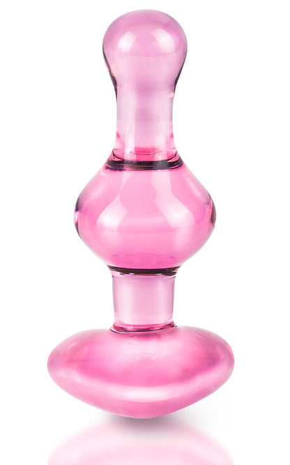 Icicles No. 75 Premium-Glas-Analplug in transparentem Pink mit kugelförmiger Spitze, bauchigem Mittelteil und herzförmiger Basis in aufrechter Frontansicht – erhältlich bei Evoria Care