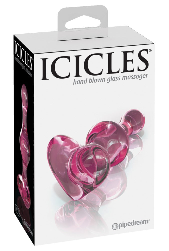 Icicles No. 75 Glas-Analplug in transparentem Pink mit herzförmiger Basis, dargestellt in der weißen Originalverpackung mit Icicles Markenlogo – erhältlich bei Evoria Care