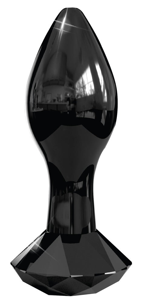 Icicles No. 78 Premium-Glas-Analplug in glänzendem Schwarz mit tropfenförmigem Kopf, schmalem Hals und facettiertem Diamantstopper in aufrechter Frontansicht – erhältlich bei Evoria Care