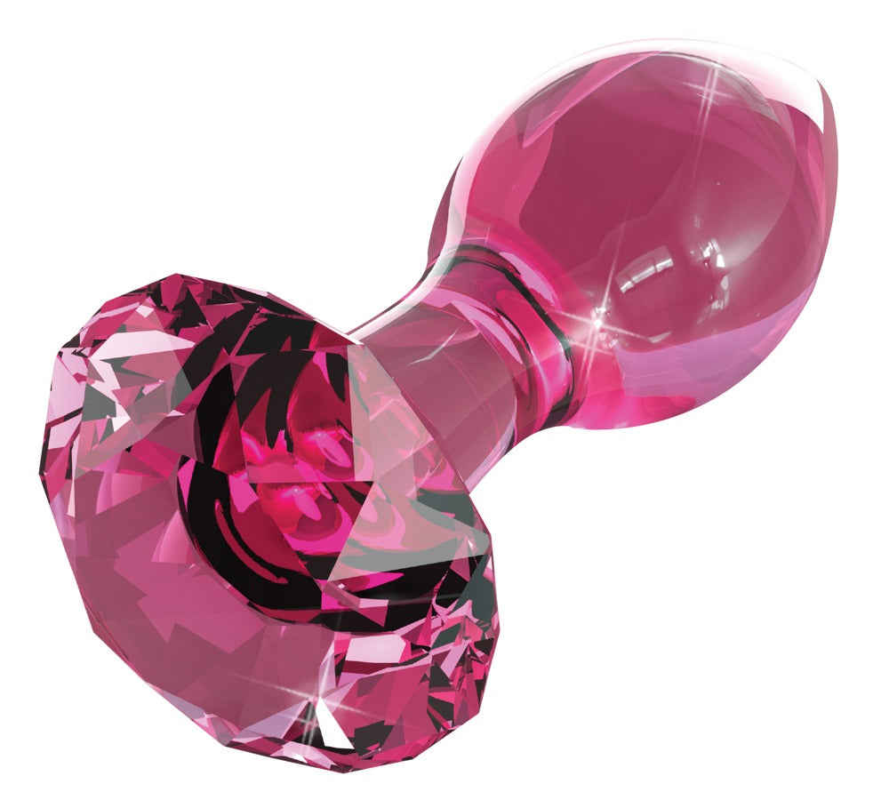 Icicles No. 79 pinkfarbener Premium-Glas-Analplug mit glänzender Oberfläche, tropfenförmigem Kopf und facettierter Diamantbasis in schräger Detailansicht – erhältlich bei Evoria Care