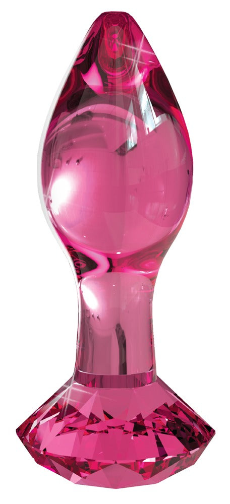 Icicles No. 79 Premium-Glas-Analplug in transparentem Pink mit tropfenförmigem Kopf, facettierter Oberfläche und diamantförmiger Basis in aufrechter Frontansicht – erhältlich bei Evoria Care