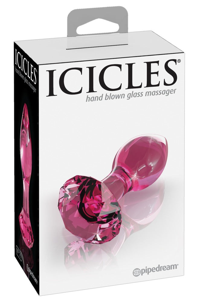 Icicles No. 79 Premium-Glas-Analplug in transparentem Pink mit tropfenförmigem Kopf und facettierter Diamantbasis, dargestellt in der weißen Originalverpackung mit Icicles Markenlogo – erhältlich bei Evoria Care