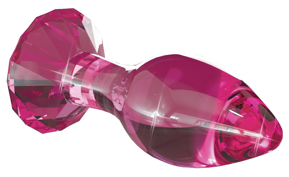 Icicles No. 79 Premium-Glas-Analplug in transparentem Pink mit abgerundetem Kopf, schmalem Hals und diamantförmig geschliffener Basis in horizontaler Seitenansicht – erhältlich bei Evoria Care