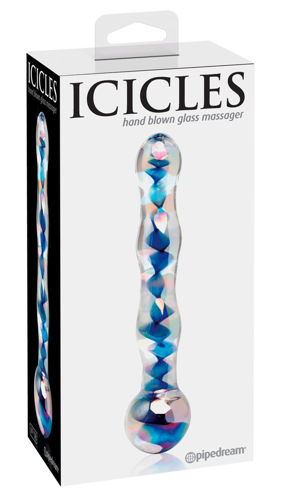 Icicles No. 8 handgefertigter Premium-Glasdildo aus transparentem Glas mit blauen spiralförmigen Einschlüssen, dargestellt in der weißen Originalverpackung mit Icicles Markenlogo – erhältlich bei Evoria Care