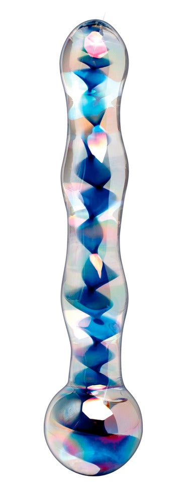 Icicles No. 8 handgefertigter Premium-Glasdildo aus transparentem Glas mit blauen spiralförmigen Einschlüssen, strukturierter Oberfläche und abgerundeten Enden in aufrechter Frontansicht – erhältlich bei Evoria Care