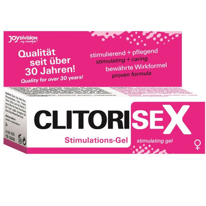 JOYDIVISION CLITORISEX – pink-weiße Originalverpackung des stimulierenden Intimgels mit großem schwarz-pinkem CLITORISEX Schriftzug, JOYDIVISION Markenlogo und weiteren Produktinformationen in frontaler Verpackungsansicht – erhältlich bei Evoria Care