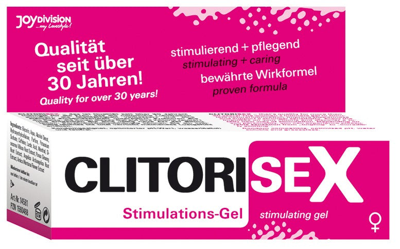 JOYDIVISION CLITORISEX – pink-weiße Originalverpackung des stimulierenden Intimgels mit großem CLITORISEX Schriftzug, JOYDIVISION Markenlogo und Produktinformationen, Vorder- und Rückseite gemeinsam dargestellt – erhältlich bei Evoria Care